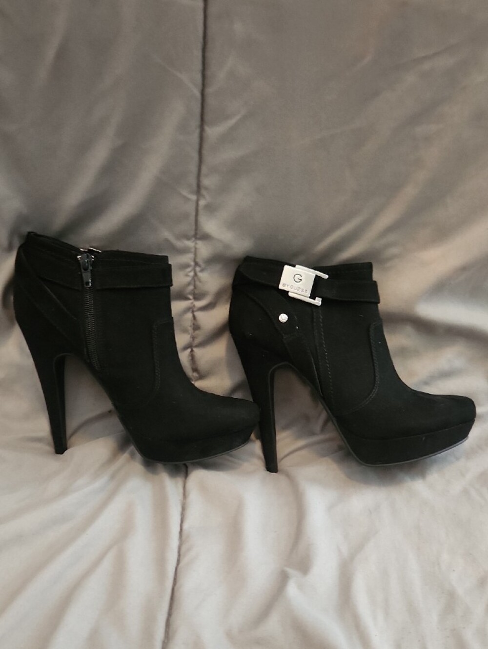 G by Guess Black Suede High-Heel Ankle Boots with Metallic Buckle - Picture 7 of 11